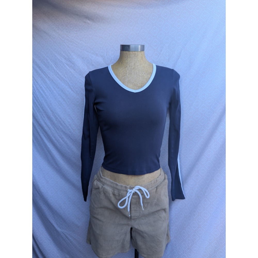 EDIKTED Top Women Navy Blue Excellent Sporty V-Neck Side Stripe Long Sleeve